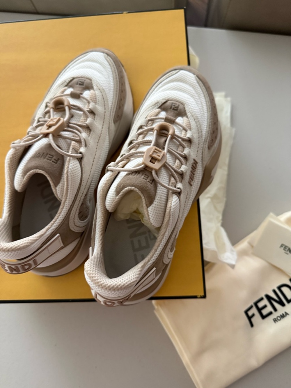 Fendi Beige and White Mesh Lace-Down Runner Sneakers